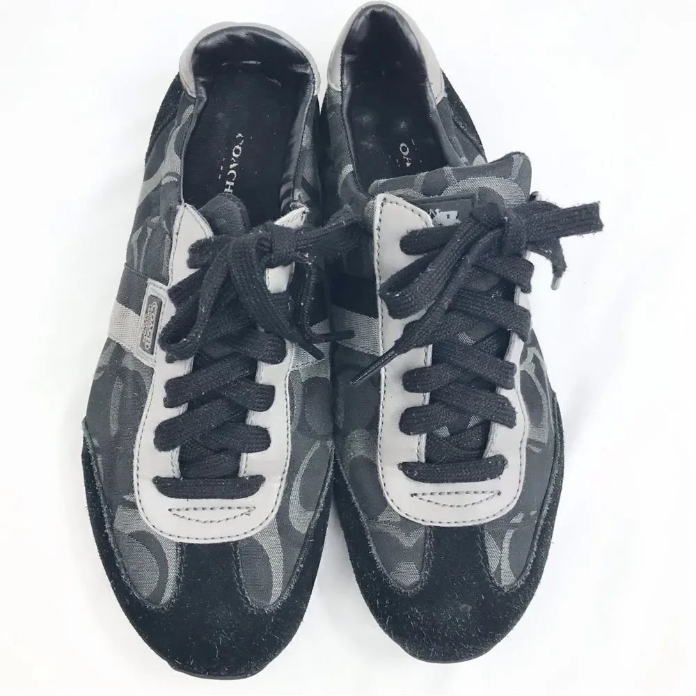 Coach KINSLEY  Black Gray Optic Signature Fabric Suede Lace Up Sneakers